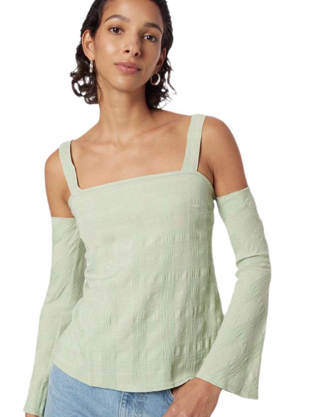 NWT Topshop Textured Cold Shoulder Long Flared Sleeve Top w/Square Neckline